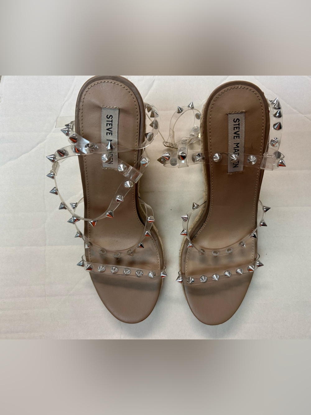Clear Studded Espadrille Wedge Sandals - Women
Steve Madden, size 8